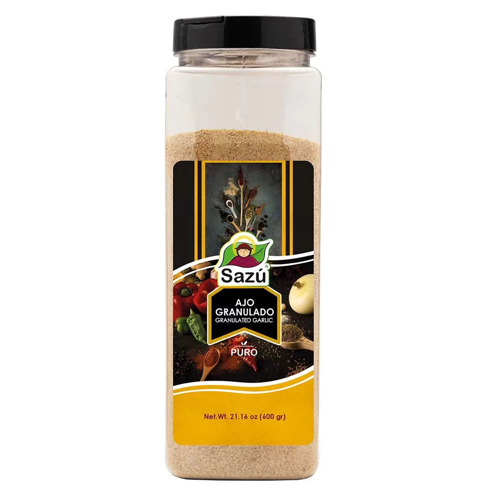 Ajo Granulado Sazú 600 gr en tarro dosificador, condimento natural ideal para carnes, sopas, arroces, salsas, adobos y guisos.