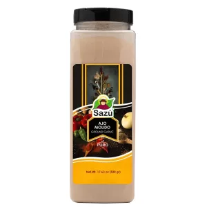 Ajo Molido Sazú 450 gr en tarro dosificador, condimento natural ideal para sazonar carnes, sopas, guisos, pastas y salsas.
