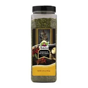 Albahaca en escamas Sazú 150 gr en tarro dosificador, hierba aromática natural ideal para pastas, pizzas, salsas, carnes y platos mediterráneos.