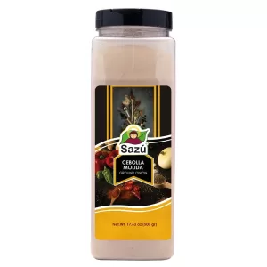 Cebolla Molida Sazú 500 gr en tarro dosificador, condimento natural ideal para sazonar carnes, sopas, guisos, arroces y salsas.