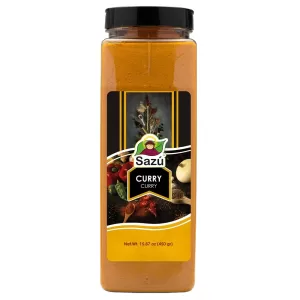 Curry Sazú 450 gr en tarro dosificador, mezcla de especias naturales ideal para carnes, arroces, salsas, vegetales y platos exóticos.