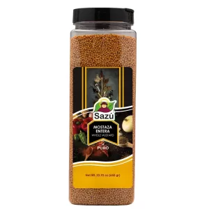 Mostaza entera Sazú 650 gr en tarro dosificador, condimento natural ideal para adobos, marinadas, salsas, encurtidos y platos gourmet.