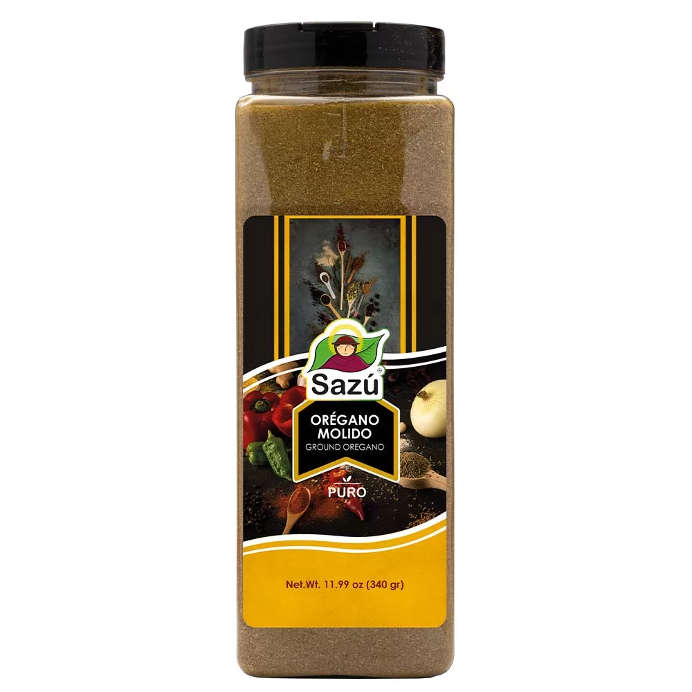 Orégano molido Sazú 340 gr en tarro dosificador, condimento natural ideal para pizzas, pastas, carnes, guisos y salsas caseras.