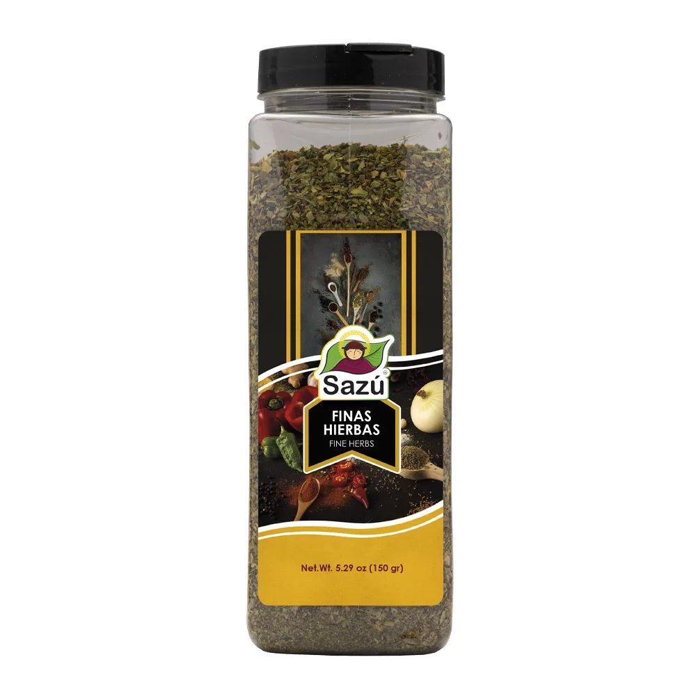 Finas Hierbas Sazú 150 gr en tarro dosificador, mezcla aromática natural ideal para carnes, sopas, pastas, salsas y platos gourmet.