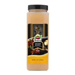Jengibre molido Sazú 340 gr en tarro dosificador, condimento natural ideal para postres, infusiones, carnes, salsas y preparaciones orientales.