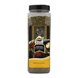 Orégano en escamas Sazú 155 gr en tarro dosificador, hierba aromática natural ideal para pizzas, pastas, carnes, ensaladas y salsas.