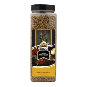 Pimienta blanca entera Sazú 550 gr en tarro dosificador, condimento natural ideal para sazonar aves, pescados, salsas claras y platos gourmet.