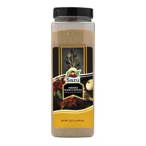 Pimienta blanca molida Sazú 450 gr en tarro dosificador, condimento natural ideal para sazonar aves, pescados, sopas y salsas claras.