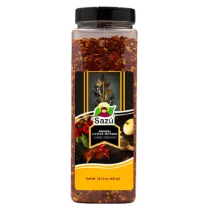 Pimienta cayena en escamas Sazú 400 gr en tarro dosificador, condimento natural picante ideal para carnes, mariscos, pizzas, pastas y guisos.