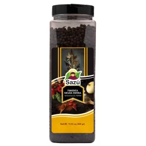 Pimienta negra entera Sazú 440 gr en tarro dosificador, condimento natural ideal para sazonar carnes, sopas, guisos y platos gourmet.