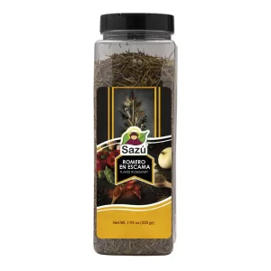 Romero en escamas Sazú 225 gr en tarro dosificador, hierba aromática natural ideal para carnes, aves, papas y platos mediterráneos.